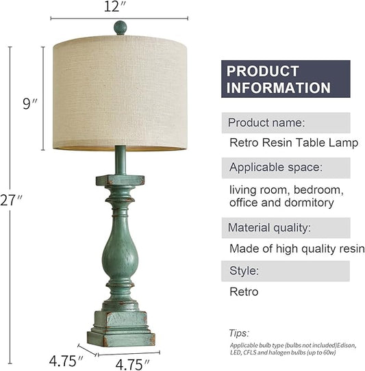 BOBOMOMO 27" Farmhouse Table Lamp Set of 2 with USB A+C for Bedroom Living Room Vintage Rustic Traditional Nightstand Bedside Lamps Retro Side Table Lamps (Green)
