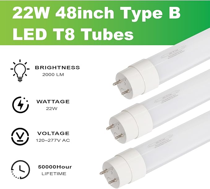 25-Pack T8 LED Tube Lights 4FT, 22W LED Bulbs 4 Foot Ballast Bypass, 4000K Daylight, Type B, G13, F32T8 Replacement for Fluorescent