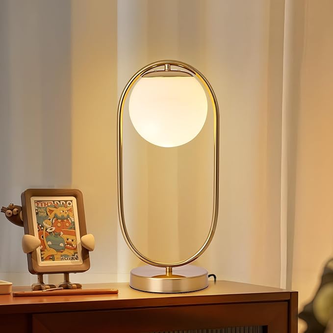 NKU Mid-Century Modern Glass Globe Table Lamp with LED - Luxury Bedside Night Light for Bedroom, Boho Vintage Style for Farmhouse & Office Desk