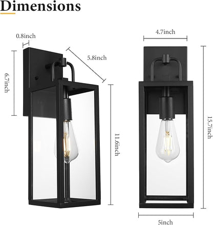 Outdoor Wall Sconce Lights, 16 Inch Tall Transitional Exterior Wall Light Fixtures with Clear Glass, Anti-Rust Modern Black Outside Lanterns Lamps for House Front Porch Doorway Patio, 2 Pack