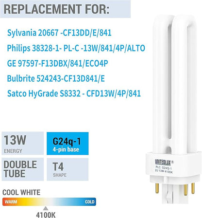 15 Pack PLC-13W 4 Pin G24q-1,Double Tube, Compact Fluorescent Light Bulb - Replaces Sylvania 20671 CF13DD/E/835 - Philips 38327-3 PL-C 13W/835/4P/ALTO and GE 97596 F13DBX/835/ECO4P(3)