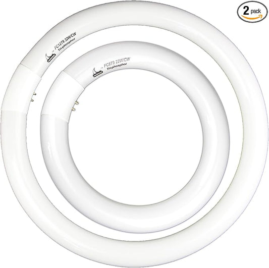 FC8T9/CW 22W and FC12T9/CW 32W Cool White Round Fluorescent Light Bulb Set, 8 inch T9 22 Watts & 12 inch 32 Watts Circular Bulbs Pack, Circline Kitchen and Bath Light Bulbs, CRI 80, 4100K, G10q Prong