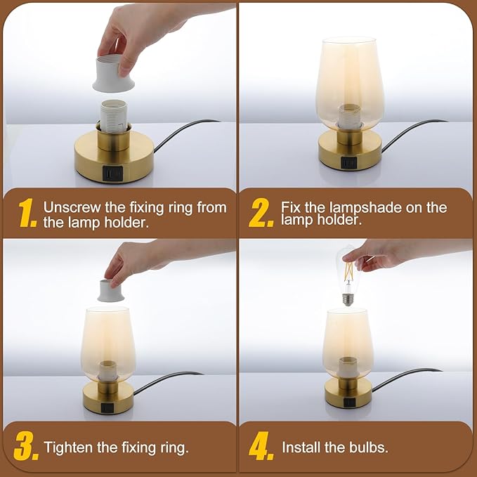 Touch Bedside Table Lamp with Glass Shade, Gold Modern Small Lamp for Bedroom Living Room Nightstand, 3 Way Dimmable Desk Lamp with USB C+A+AC Outlet Charging Ports, 800LM LED Bulb Included