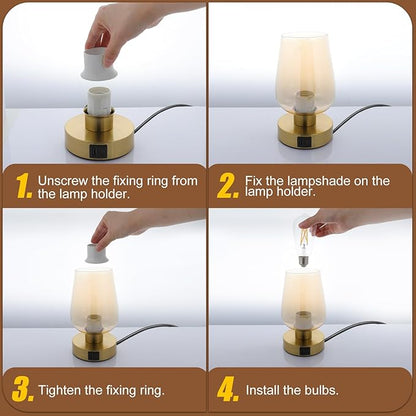 Touch Bedside Table Lamp with Glass Shade, Gold Modern Small Lamp for Bedroom Living Room Nightstand, 3 Way Dimmable Desk Lamp with USB C+A+AC Outlet Charging Ports, 800LM LED Bulb Included