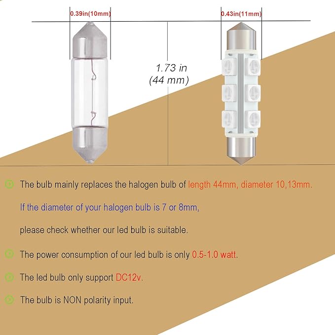 360 deg 44mm DC 12V Festoon LED Bulb 578 569 Amber Yellow,561 562 566 6413 LED Car Bulb for Automotive Interior Door Cargo Lights Non Polarity(Pack 12)