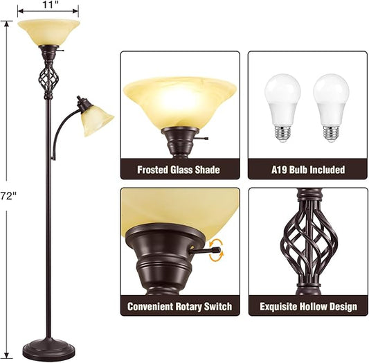 GyroVu Torchiere Floor Lamp for Living Room, LED Standing Reading Light for Bedroom with Glass Shade for Living Room Corner Bedroom Home Office,Bulbs Included (Yellow Lampshade, Glass 2 Head)