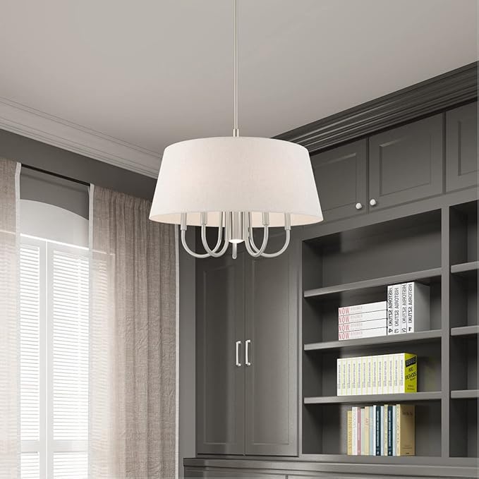 Livex Lighting 50805-91 Belclaire - Six Light Chandelier, Brushed Nickel Finish with Oatmeal Fabric Shade
