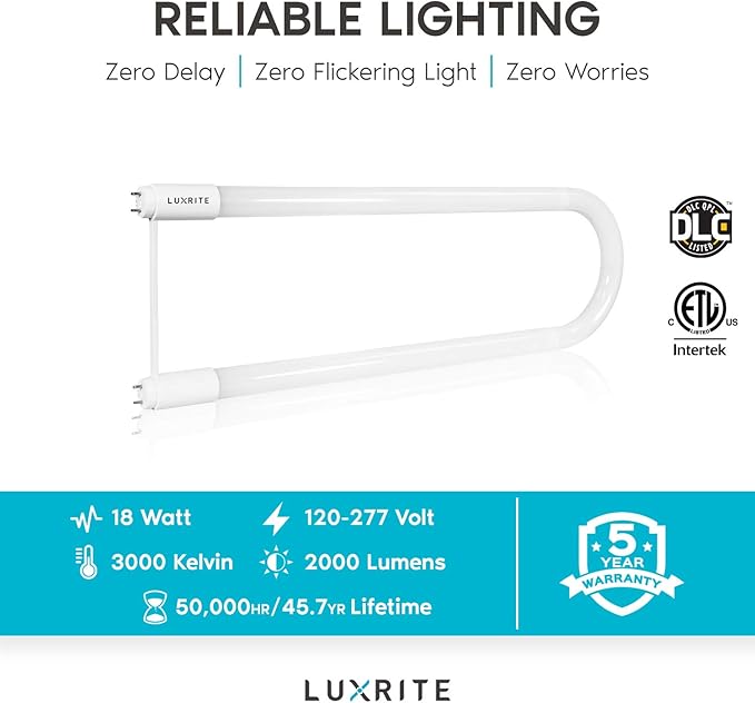 LUXRITE U Bend LED Tube Light, T8 T12, 18W (32W Equivalent), 3000K Soft White, 2000 Lumens, Fluorescent Light Tube Replacement, Direct or Ballast Bypass, DLC and ETL Listed, G13 Base (2 Pack)