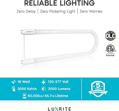 LUXRITE U Bend LED Tube Light, T8 T12, 18W (32W Equivalent), 3000K Soft White, 2000 Lumens, Fluorescent Light Tube Replacement, Direct or Ballast Bypass, DLC and ETL Listed, G13 Base (2 Pack)