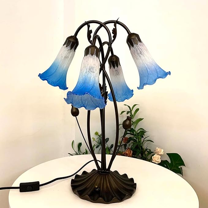 Bieye L10854 Lily Flower Blown Glass Accent Table Lamp for Living Room Bedroom Decoration (4-Light, Blue)