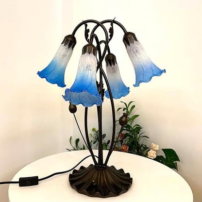 Bieye L10854 Lily Flower Blown Glass Accent Table Lamp for Living Room Bedroom Decoration (4-Light, Blue)