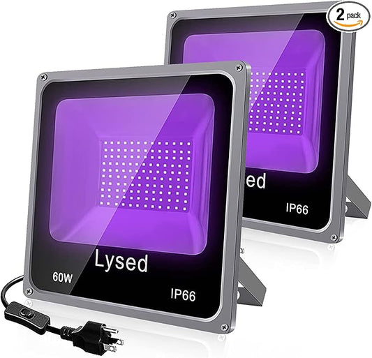2 Pack 60W Black Lights for Glow Party, Blacklight with Plug IP66 Waterproof, Black Light for Party, Fluorescent Effect Glow