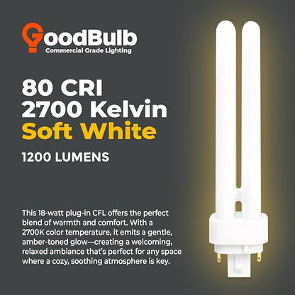 GoodBulb 18 Watt CFL Light Bulbs 4 Pin G24Q-2 Base 2700K Soft White 18W High Output 1200 Lumens Double Tube Compact Fluorescent Light Bulbs Plug-in 10 Pack