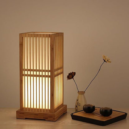 Bepuzz Bamboo Table Lamps Japanese Table Lamp Handmade Lantern Shade Wooden Base Natural Rattan Desk Lamp Eye-Caring Bedroom Bedside Night Light Study Room Desk Light Home Decor Lighting