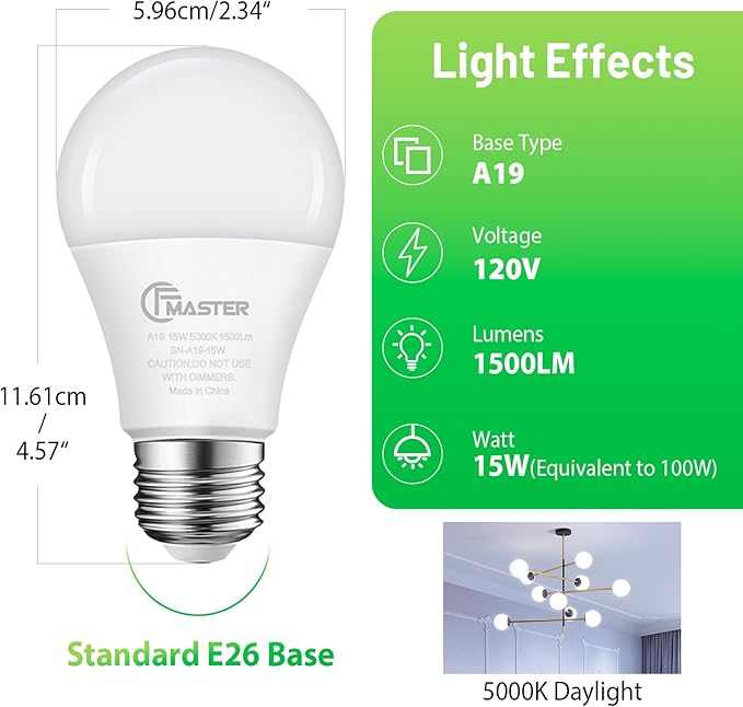 A19 LED Light Bulb, LED Bulbs 100 Watt Equivalent, 5000K Daylight Light Bulbs, 1500 Lumens, E26 Standard Base Lightbulb, Non-Dimmable 15W Bright White Bulbs for Home, ETL Listed(10-Pack)
