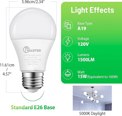 A19 LED Light Bulb, LED Bulbs 100 Watt Equivalent, 5000K Daylight Light Bulbs, 1500 Lumens, E26 Standard Base Lightbulb, Non-Dimmable 15W Bright White Bulbs for Home, ETL Listed(4-Pack)