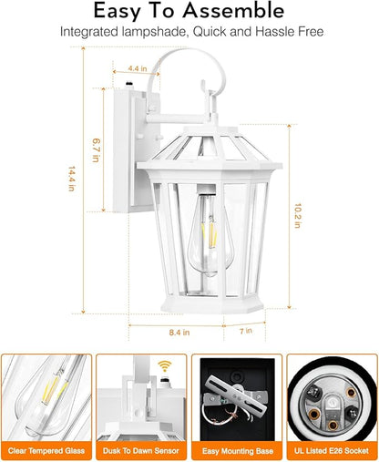 VIANIS Outdoor Porch Lights - Dusk to Dawn Exterior Wall Lights, 100% Anti-Rust Aluminum Waterproof, White Sconce Lanterns for Garage