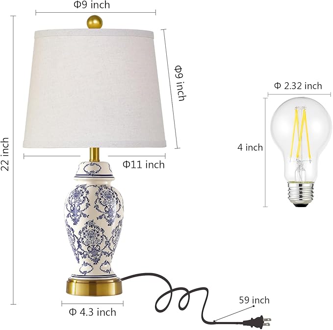 RORIANO Chinoiserie Ceramic Table Lamps Set of 2 for Living Room Bedroom Bedside, Traditional Blue Porcelain Classic Table Lamp for Nightstand Entryway, 2 LED Bulbs Included
