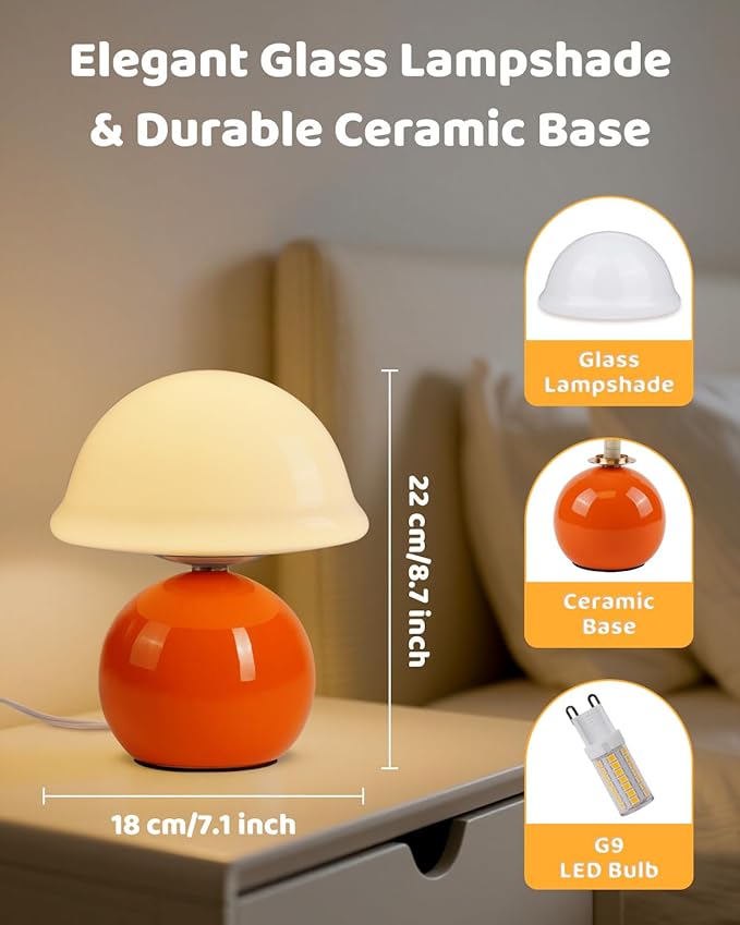 Mushroom Table Lamp for Bedroom, Cozy Bedside Lamp with Glass Shade, Stepless Dimmable Nightstand Lamp for Relaxing Bedroom Decor & Aesthetic Home (Orange)