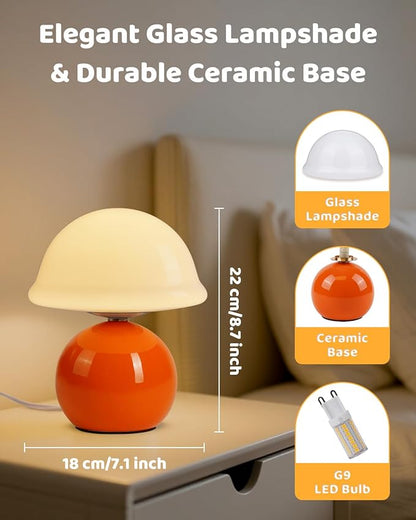 Mushroom Table Lamp for Bedroom, Cozy Bedside Lamp with Glass Shade, Stepless Dimmable Nightstand Lamp for Relaxing Bedroom Decor & Aesthetic Home (Orange)