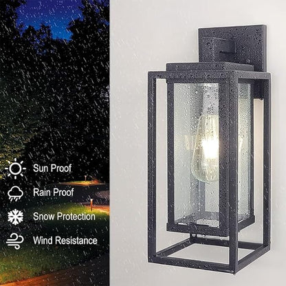 14" Outdoor Wall Light Fixtures Waterproofed Exterior Lantern W/Sturdy Rectangular Double Cage In Satin Black&Clear Tempered Glass,Sconce Mounted For House Patio,Front door,Porch,Garage Lighting 2Pack