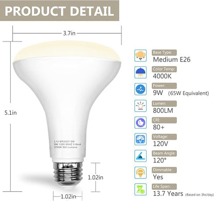 DAYBETTER BR30 LED Light Bulbs Indoor Flood Light 65W Equivalent, Neutral White 4000K, 12Pack Dimmable Recessed Bulb for Bedroom Kitchen Living Areas, E26 Standard Base, 800 Lumens
