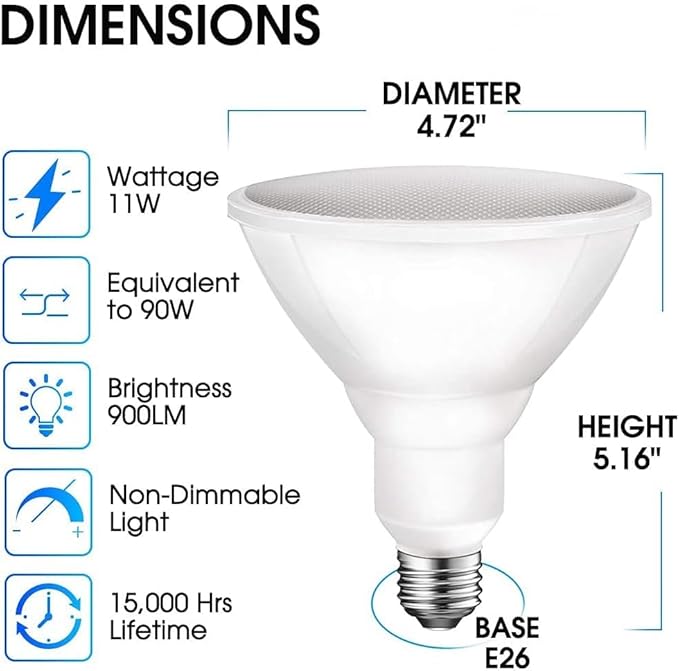 Energetic PAR38 LED Flood Outdoor Light Bulb, 2700K Soft White, 90 Watt Equivalent (11W), Wet Rated, 900LM, E26 Base, Non-Dimmable, ETL, 6 Pack