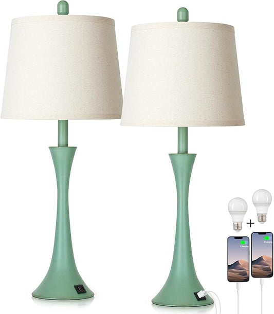 Coastal Modern Green Table Lamps Set of 2 for Living Room, 27.5" Tall Bedside Lamp with USB Charging Port,3-Way Dimmable Touch Nightstand Lamp for Bedroom Desk Side Table Office,Green