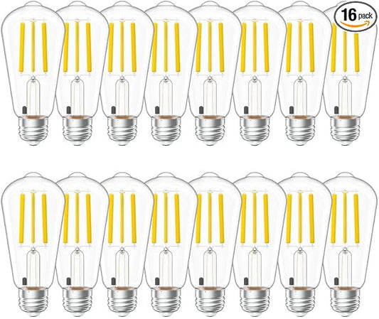 Sunco 16 Pack Dusk to Dawn Indoor Residential Vintage LED Edison Bulbs 75W Equivalent 7W, 850 Lumens Non-Dimmable ST58 Filament, ST18, 3000K Warm White, E26 Medium Base 120V Clear Glass Light Bulbs
