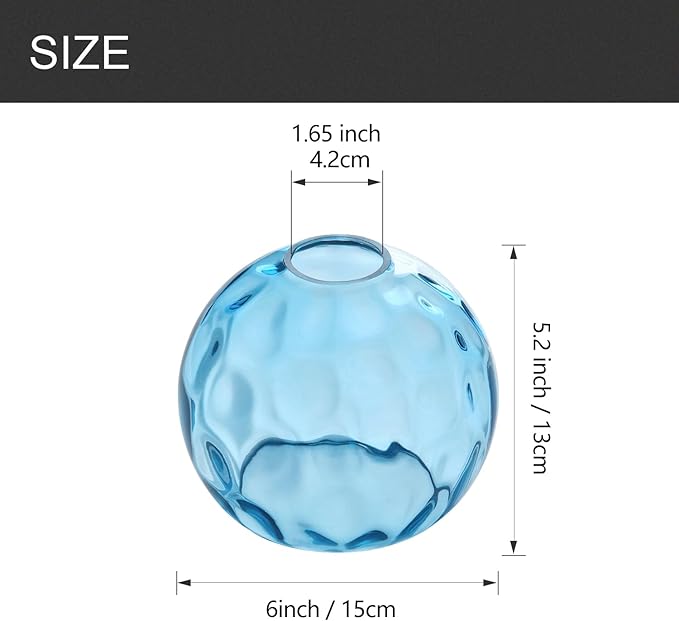 3 Pack Fixture Replacement Globe Shade, 6 Inch Diameter, E26 Base 1-5/8 Inch Fitter, Glass Globe Lampshade Cover for Pendant Wall Sconce Chandelier Vanity Light (3 Pack 6 Inch Blue Hammered Glass)