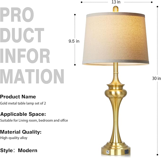 30 Inch Single Table Lamp for Bedside, 3-Way Touch Control Bedroom Table Lamp with USB A+C Ports, Tall Living Room Lamps for End Table, Modern Brass Lamps for Nightstand Desk Office, Gold