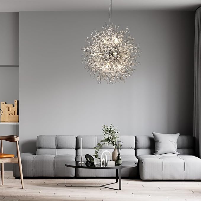 Firework Modern Chandeliers, 12 Lights Crystal Sputnik Chandeliers for Entryway, Dandelion Chandelier Chrome Ceiling Light Fixture for Hallway, Living Room