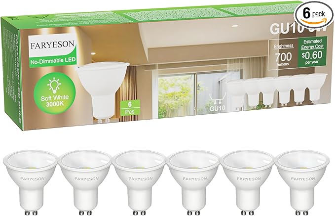 GU10 LED Light Bulbs - 5W Energy-Efficient, 700 Lumens Warm White (3000K), Non-Dimmable, 110° Flood Beam, Ideal Replacement for Halogen Bulb in Recessed & Track Lighting, 6-Pack