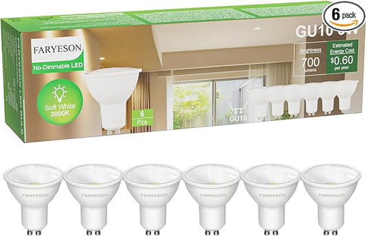 GU10 LED Light Bulbs - 5W Energy-Efficient, 700 Lumens Warm White (3000K), Non-Dimmable, 110° Flood Beam, Ideal Replacement for Halogen Bulb in Recessed & Track Lighting, 6-Pack