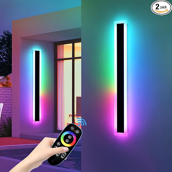 Mikeru Upgraded Widened RGB Long LED Wall Lights, 2Pack 23.6inch Outdoor Sconces RGB/Warm/White Dimmable Outdoor Wall Lights Exterior Front Porch Light Ip65 Waterproof Wall Sconce with Remote Control