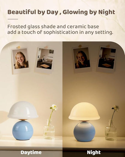 Mushroom Table Lamp for Bedroom, Cozy Bedside Lamp with Glass Shade, Stepless Dimmable Nightstand Lamp for Relaxing Bedroom Decor & Aesthetic Home (Blue)