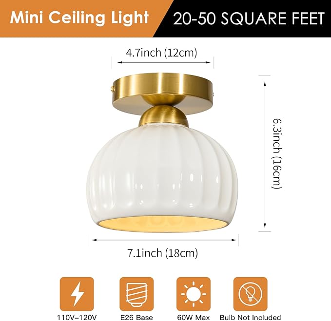Glaze Ceramic Semi Flush Mount Ceiling Light - 2 Pack, Vintage Gold Hallway Light Fixtures, Milk White Globe Ceiling Lights, Mid Century Small Light Fixture for Cottage Entryway Laundry Room Foyer