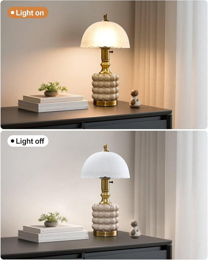 Vintage Lamp for Bedroom,Unique Lamps Cracked Ceramic lamp,UL Rotary Switch Control Glass lamp Shade,Small Table lamp for Living Room Decor Kitchen Lighting (White+Glass)