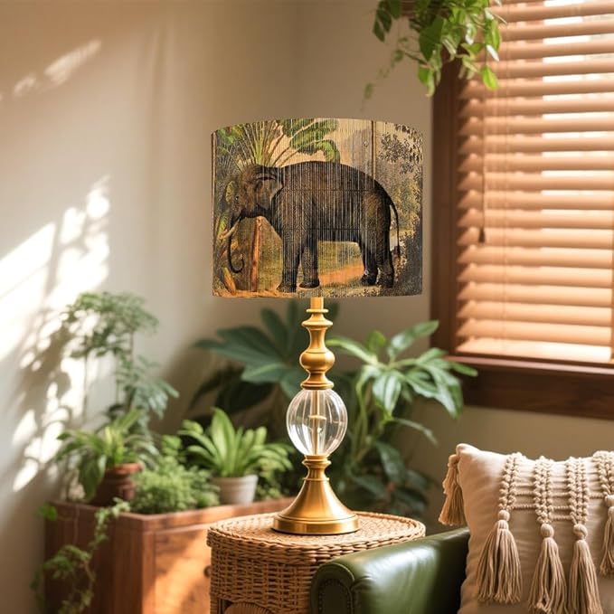 Bamboo Lampshade With Tropical colorful Funky Decorative, idea For Floor And table Lamps, Art deco livingroom bedroom office, Rustic And Retro, Size 11.8Inch (Elephant)