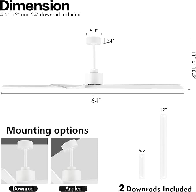 WINGBO 64" DC Ceiling Fan No Lights, 5 Carved Solid Wood Blades, 6-Speed Reversible DC Motor, Brass Finish Ceiling Fan without Lights, White