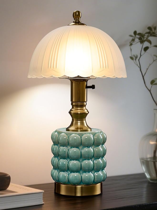 Vintage Lamp for Bedroom,Unique Lamps Cracked Ceramic lamp,UL Rotary Switch Control Glass lamp Shade,Small Table lamp for Living Room Decor Kitchen Lighting (Blue +Glass)