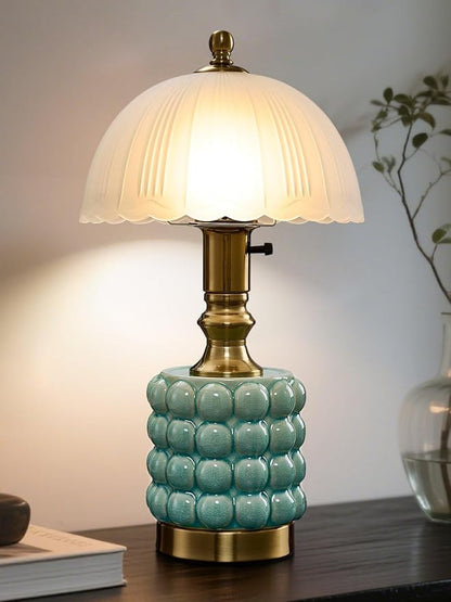 Vintage Lamp for Bedroom,Unique Lamps Cracked Ceramic lamp,UL Rotary Switch Control Glass lamp Shade,Small Table lamp for Living Room Decor Kitchen Lighting (Blue +Glass)