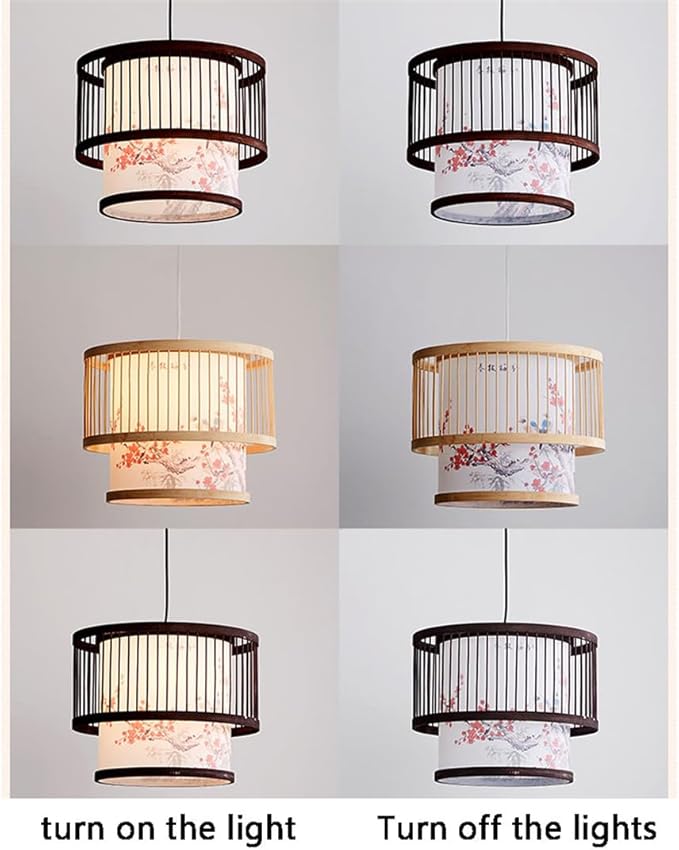 Modern New Chinese Style Patterned Pendant Lamp Fixture Creative Bamboo Suspension Lamp with Wood Canopy Vintage Lantern Hanging Light for Kitchen Dining Room Bedroom E27 Droplight