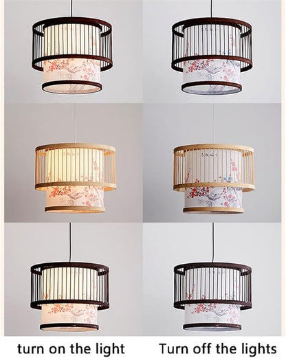 Modern New Chinese Style Patterned Pendant Lamp Fixture Creative Bamboo Suspension Lamp with Wood Canopy Vintage Lantern Hanging Light for Kitchen Dining Room Bedroom E27 Droplight