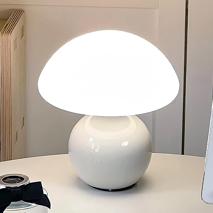 Cute Small Mushroom Lamp, PE Lampshade, Ceramic Spherical Base, Adjustable Light Color and Brightness, Safe USB Powered, Energy-Saving LED Mushroom Light for Bedroom Living Room (White)