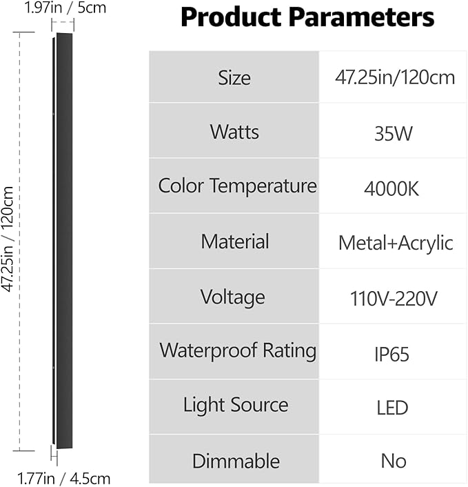 47.25inch Long Outdoor LED Wall Light 4000K Natural Light 35W Black Porch Light Acrylic Waterproof IP65 Exterior Wall Light Fixture for House Patio Porch Courtyard
