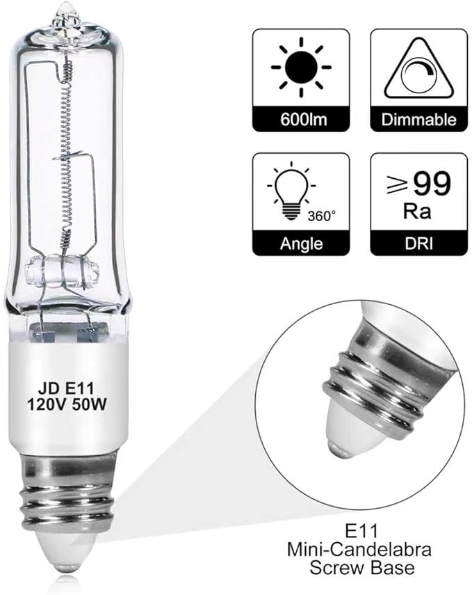 4-Pack JDE11 120V 50W Halogen Bulbs, E11 Mini Candelabra Base T4 Light Bulb, 600LM 2700K Warm White Dimmable for Ceiling Fan, Chandeliers, Pendant Lights and Accent Fixtures