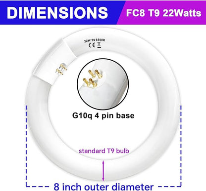 FC8T9 22W and FC12T9 32W Set Daylight, 8 inch T9 22 Watts Circular Light Bulbs, 12 inch 32 Watts Circline Fluorescent Bulb CRI 80, 6500K 3350 Lumen G10q