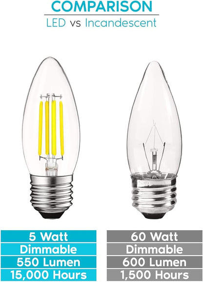 Luxrite 5W Vintage E26 Candelabra LED Bulb 60W Equivalent, 550 Lumen, 5000K Bright White Dimmable, Medium Base Candelabra Bulb, Torpedo Tip Clear Glass, Edison Filament Light Bulb, UL Listed (12 Pack)