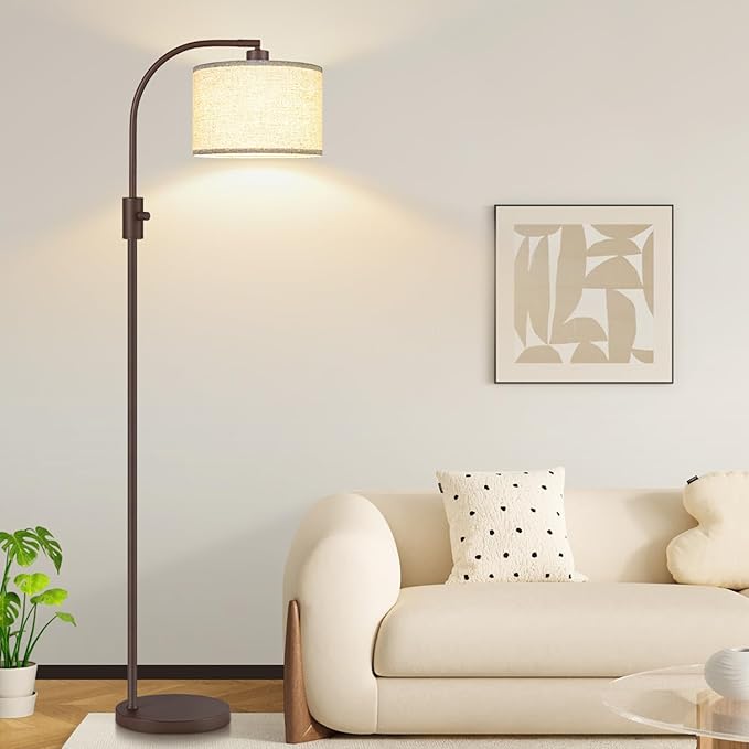 【Upgraded】 Dimmable Matte Brown Floor Lamp, 1200 Lumens LED Bulb Included, Arc Floor Lamps for Living Room Modern Standing Lamp with Linen Shade, Tall Lamp for Living Room Bedroom Office Reading Room